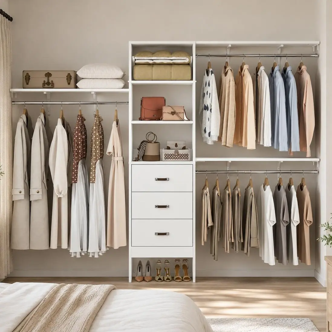 120"W Wood Closet System Closet Organization Walk-in Closet Adjustable with 3 Wood Drawers 3 Hanging Rods