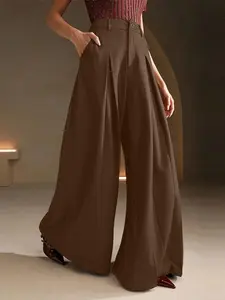 Women's Loose Fit Plain High Waist Elastic Long Pants, Straight Leg Wide Leg Design, Suitable for Daily Commuting, Comfortable and Stylish