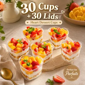 60-Pack Heart Shaped Dessert Cups with Lids - 30 Small Clear Reusable Plastic Treat Containers for Wedding Birthday Valentine's Day, Ideal for Yogurt Ice Cream Fruit Salad Cake Packaging