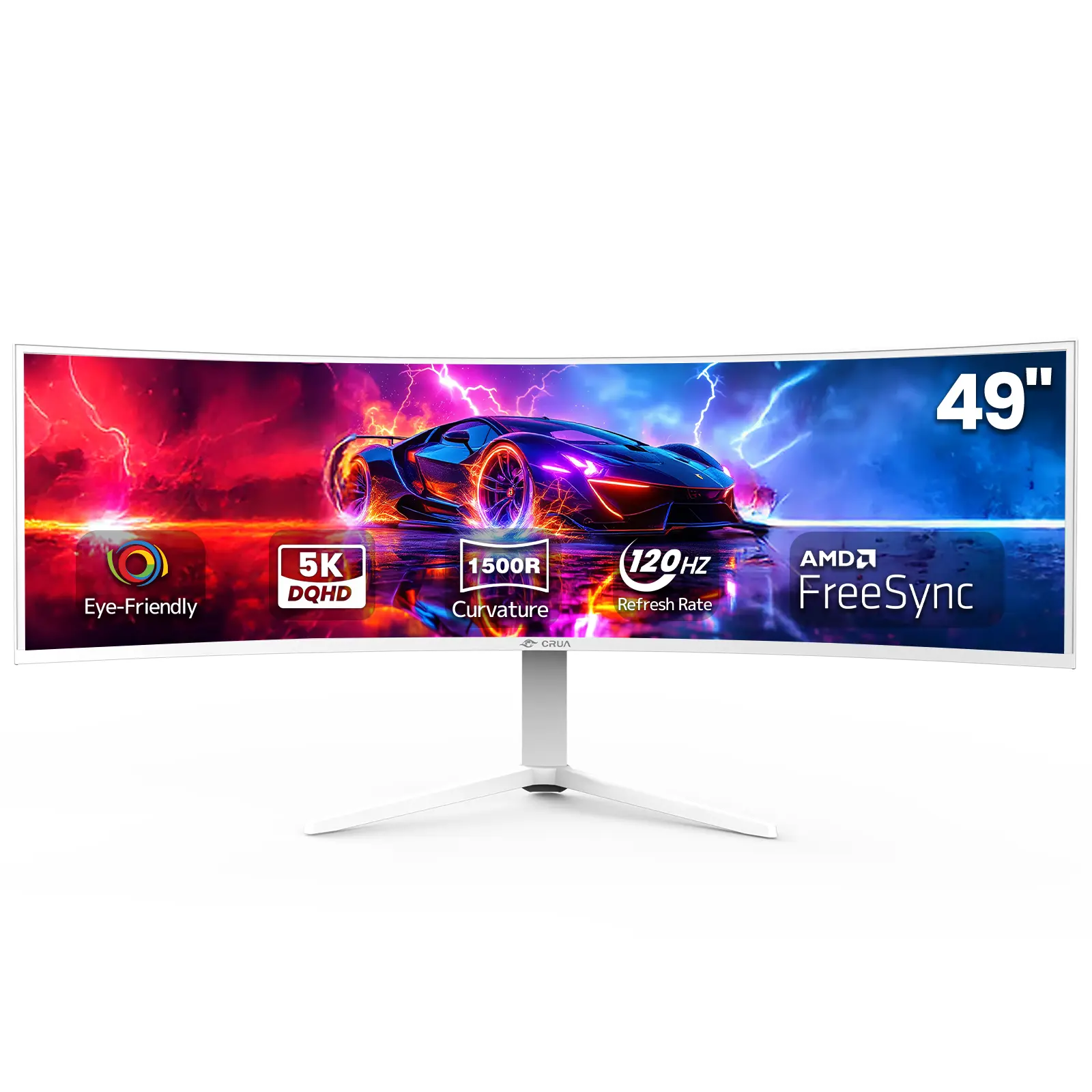 CRUA 49 Inch Ultra-Wide Curved Gaming Monitor, 120Hz, DQHD (5120x1440p), 1500R,FreeSync, 32:9, 120% sRGB, Height adjustable, Built-in Speakers, Wall Mount Install, HDMI & DP, White