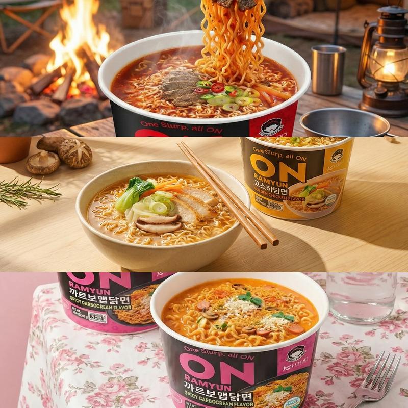 ON RAMYUN 6 PACK Korean Variety Mix Box (6 Cups) – 3-Flavor Mix: Spicy Beef, Spicy Carbocream & Golden Chicken, Authentic K-Ramyun Cup Noodles, Perfect for Dorms, Roommates & Sharing, One Slurp, All the Comfort, Instant Korean Snack Food
