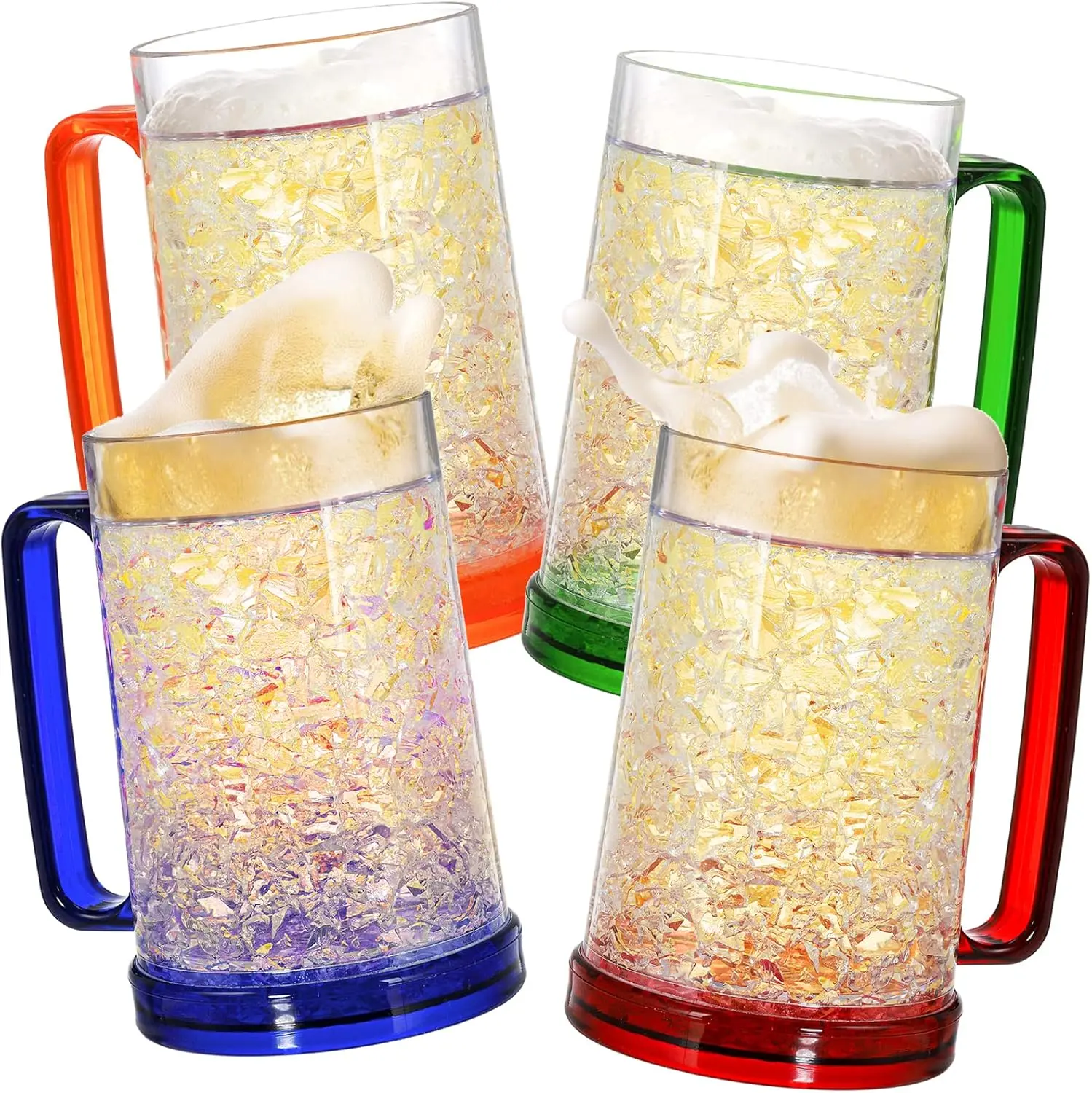 Fasmov Freezer Beer Mugs 4 Pack Double Wall Gel Frosty Freezer Ice Mugs 16oz - Plastic Drinkware with Handles for Parties and Gifts - Tumbler