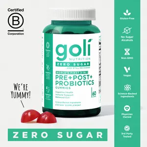 Goli Zero Sugar World's First 3-in-1 Pre, Post, Probiotic Gummies - Gluten Free, Vegan, Non-GMO, & Gelatin-Free.