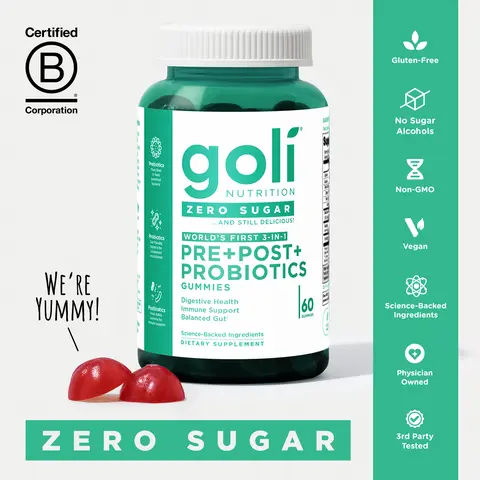 Goli Zero Sugar World's First 3-in-1 Pre, Post, Probiotic Gummies - Gluten Free, Vegan, Non-GMO, & Gelatin-Free.
