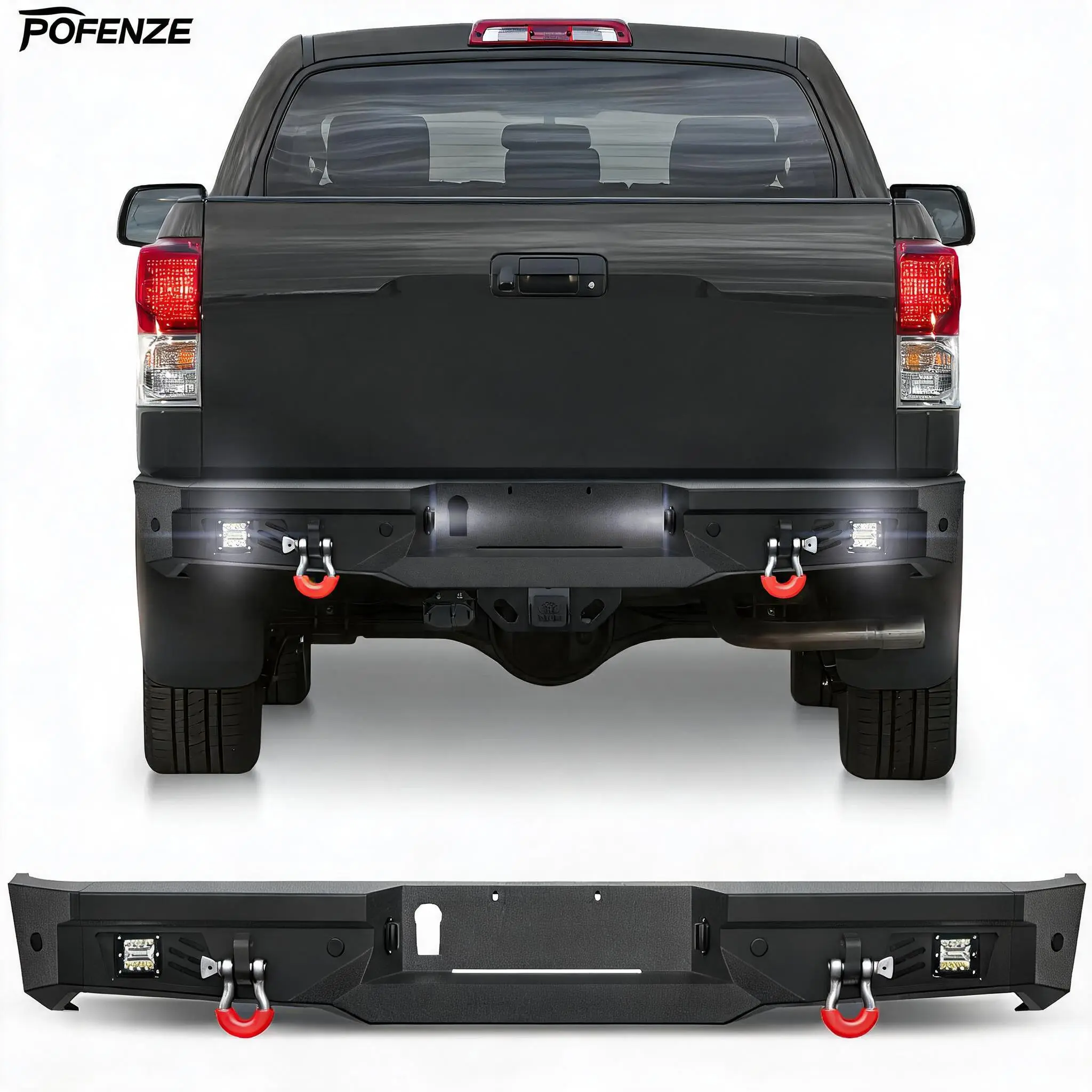 POFENZE Tundra Rear Bumper Full Width for 2007-2013 Tundra | Pickup Truck Steel Bumper w/Step Plate, Fog Lights, License Plate Lights and D-rings
