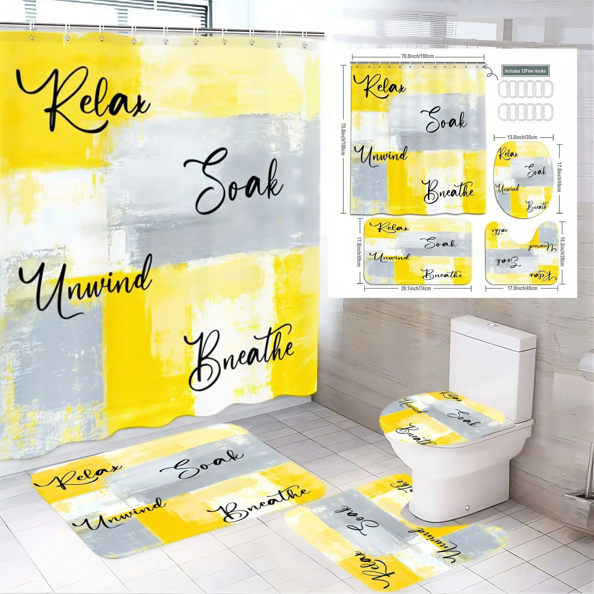 4pcs Modern Bathroom Decor Set, Bathroom Decoration Accessories, Shower Curtain Sets - Abstract Brushstroke Shower Curtain in Bright Yellow & Soft Gray, Cursive "Relax, Soak, Unwind, Breathe" Words, Matching Bath Mats & Toilet Seat Cover