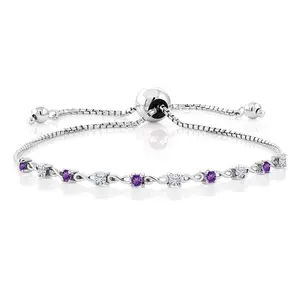Gem Stone King 925 Sterling Silver Gemstone Birthstone and White Moissanite Infinity Tennis Bracelet For Women | Round 2.5MM | Adjustable Bolo Bracelet Up to 9 Inch | Easy-On Easy-Off