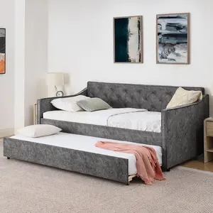 Eyisean Twin Size Upholstery Daybed with Pop Up Trundle, Modern Tufted Linen/Velvet Sofa Bed Frame with USB Ports, Twin to King Size Day Bed for Living Room, Bedroom, Guest Room, No Box Spring Required