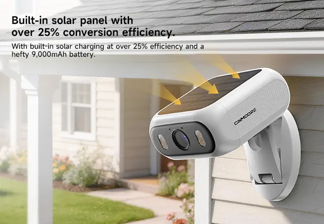 CINMOORE Outdoor Wireless Solar Security Camera, No-Drill Magnetic Design, Built-in Solar Panel & Light, 9000mAh Battery, AOR Recording, Free AI Detection (Human/Vehicle/Animal), Color Night Vision, Dual-Band WiFi, Micro SD Compatible, Supplier Warr.
