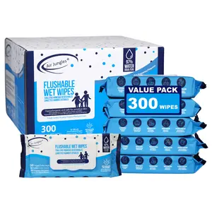 Air Jungles Flushable Wet Wipes 6 Packs, 300 Cleansing Wipes, Large 7"x7", Fresh Scent with Aloe Vera & Vitamin E, Cleaning toilet wipes Smooth Sheets