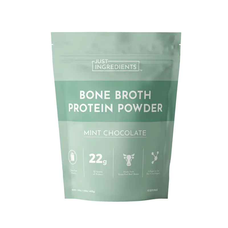Just Ingredients Mint Chocolate Bone Broth Protein - 15 Servings - 22g of Grass-Fed Protein per Serving - Grass-Fed Beef Bone Broth & Grass-Fed Collagen - Dairy-Free - Collagen for Gut, Skin & Joint Support - Made with Real Food Ingredients
