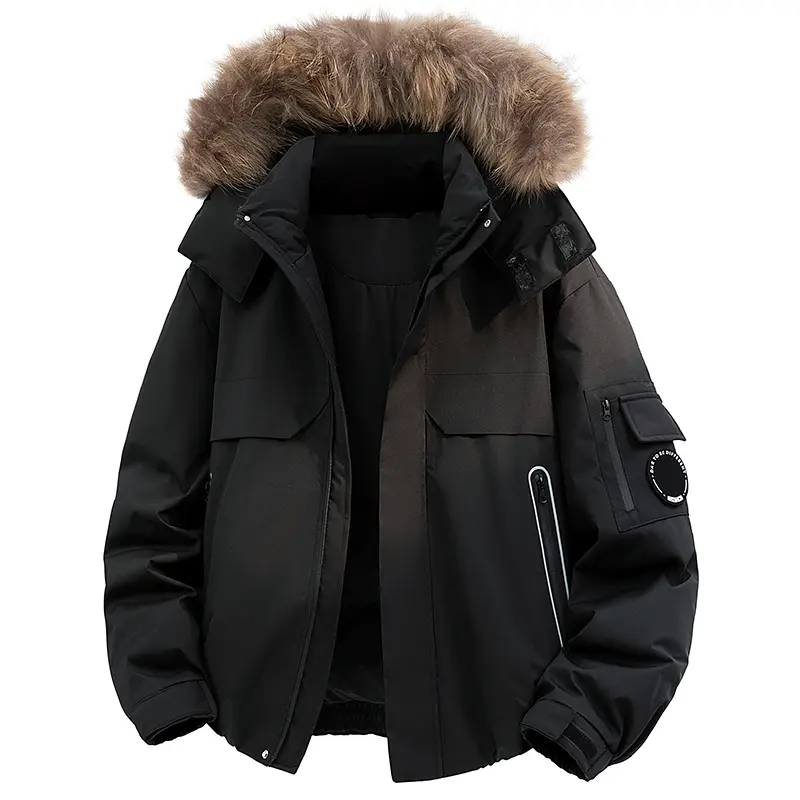 Men's Down Jacket 90% White Duck Feather Windproof Cold-Resistant Fur Collar Coat Simple Versatile Warm Top with Pockets