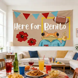 Football & Floral Cottagecore Tapestry Beige Wall Hanging with Frog Illustration & Benito Text Custom Sports Aesthetic Decor for Living Room Bedroom Game Room or Man Cave Personalized Made to Order