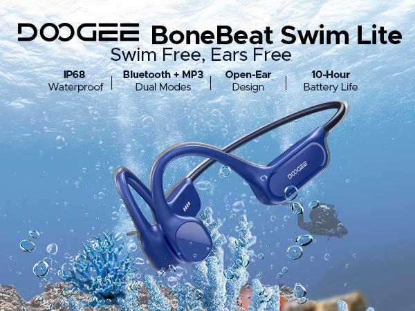 BoneBeat Swim Lite IP68 waterproof bone conduction headphones, Bluetooth + MP3 dual modes, open-ear design, up to 10 hours of playtime, Ideal for long swims, fitness, and outdoor adventures