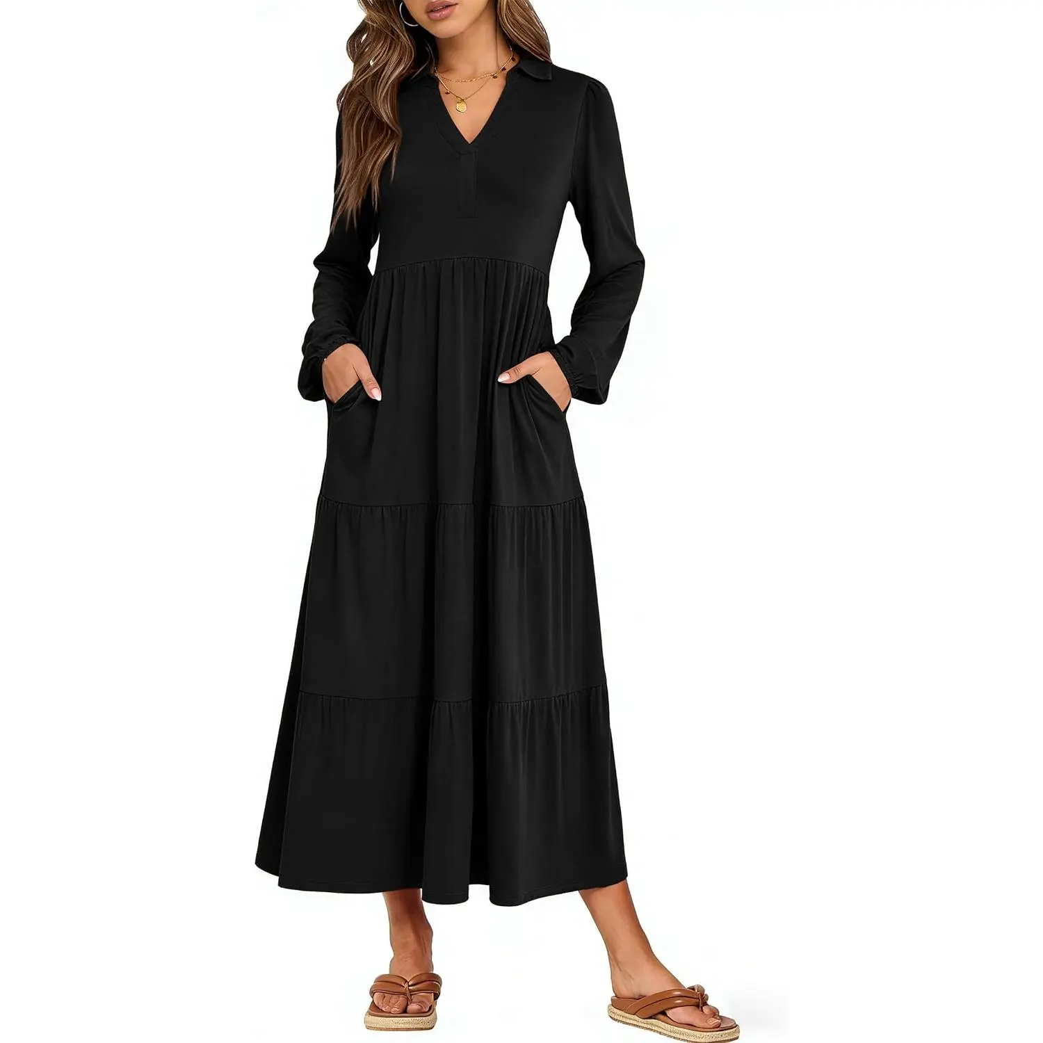 ANRABESS Womens Long Sleeve Polo Maxi Dress | Collared V Neck Midi Maxi Flowy Dress with Pockets, A Line Tiered Swing Style, Wedding Guest Travel Vacation Work Wear