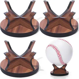 3 Pcs Walnut Small Ball Stand Holder Sport Ball Display Rack Baseball Display Stand with 3 Pieces Non-slip Rubber Pads  Baseball Golf Softball Tennis Spheres, Wood