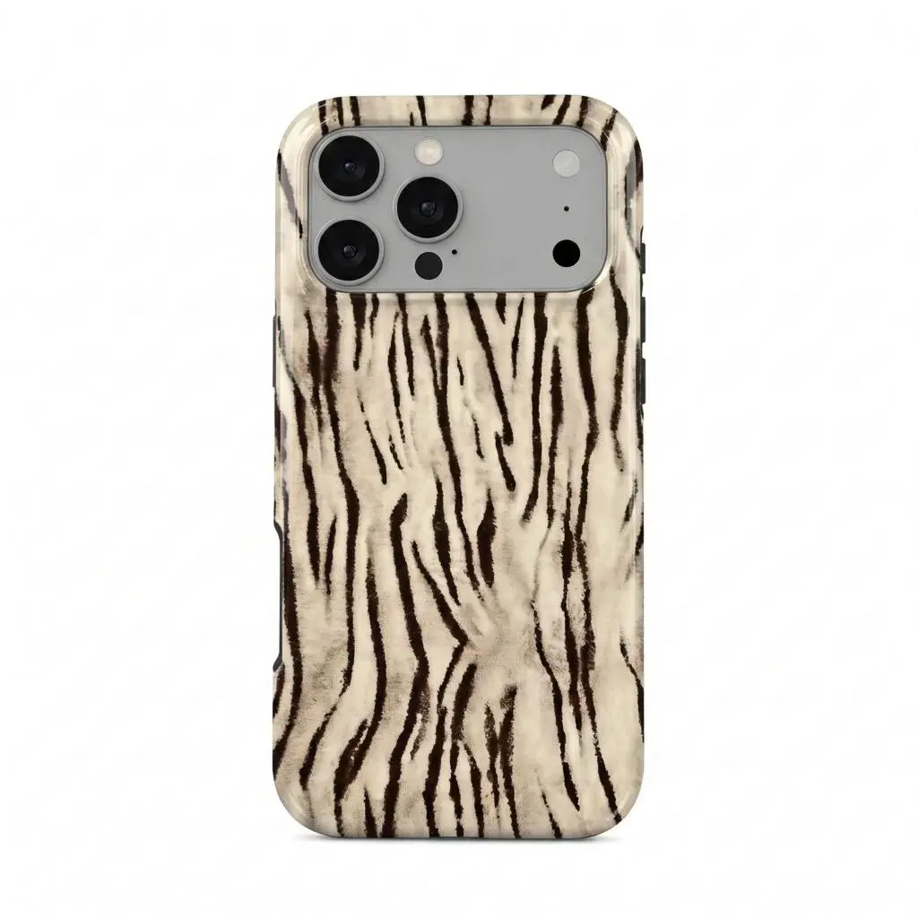 Shockproof White Tiger Print Hybrid Polycarbonate Smartphone Casing Protector for iPhone 17 Pro, iPhone 17 Pro Max - Customized Neutral Animal Pattern, Beige & Brown Boho Aesthetic, Wavy Design, Secure Resistance Handheld Devices Accessory
