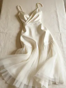 A women's light mature style apricot suspender long dress with pearl shoulder straps and fashionable splicing mesh pleated dress, suitable for all seasons, suitable for home, indoor, and outdoor wear, Womenswear