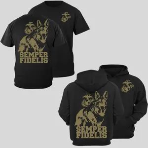 Semper Fidelis T-Shirt and Hoodie with Military K9 and USMC Emblem Design, Patriotic Marine Graphic Apparel, Soft Cotton Blend, for Men and Women, Gift for Marines and Veterans