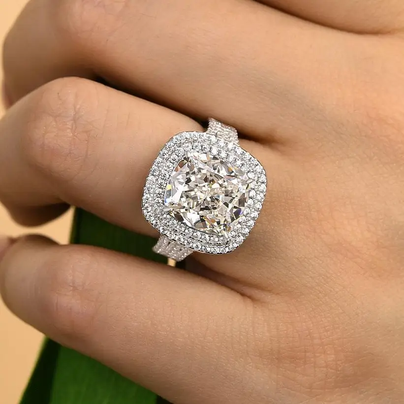 Effinny 3.0ct Double Halo Three Shank Cushion Cut Engagement Ring,5A Grade Cubic Zirconia Promise Ring in 925 Sterling Silver Outdoorfun