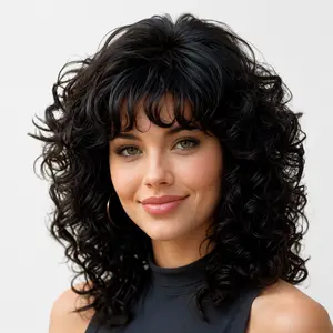 20" Black Curly Wig with Bangs for Women | Natural Mid-Length Layered Synthetic Heat Resistant Wig | Everyday & Party Wear Full Hair Wig