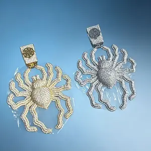 M2-5276 Iced‑Out Spider‑Shaped Pendant Full Micro‑Pave CZ Diamond Bust‑Down Unisex Hip‑Hop Rapper Statement Necklace Gold & Silver Two‑Tone Option