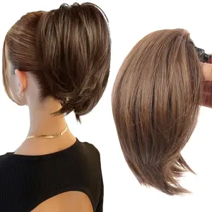YVELIEN Women's Straight Short False Hair High Ponytail Clips Fluffy Bun Wig Updo Accessory Dark Brown Wavy Synthetic Extensions Natural Look Strong Grip