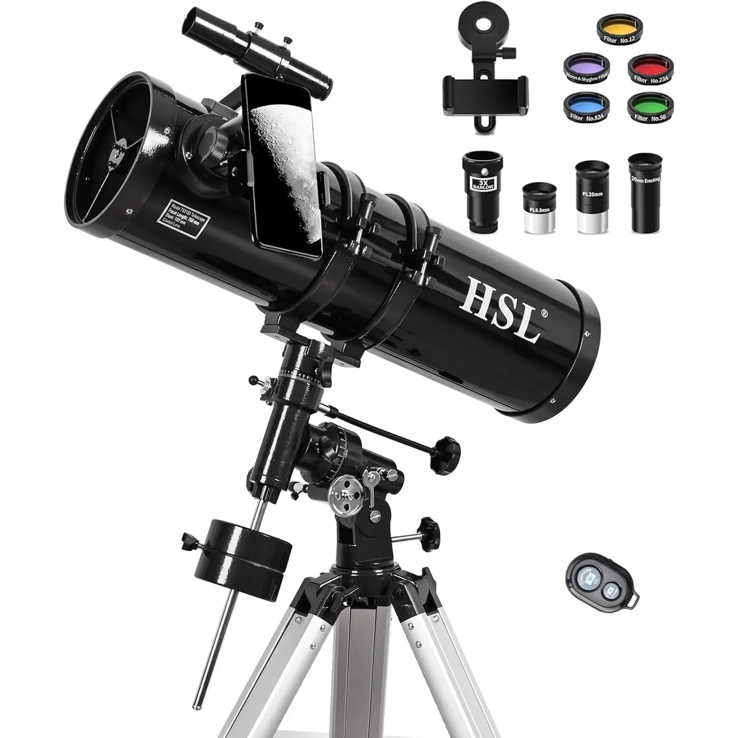 HSL 150EQ Professional Reflector Telescope for Adults, 150mm Large Aperture for Stargazing, Includes 3X Barlow Lens & 5 Color Filters - Black, Astronomical Reflector Telescope