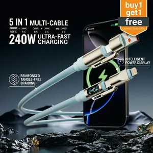Buy one get one free I 5-in-1 Multi Digital Display 240W Fast Charging super Liquid Silicone Cable with USB A Type C Lightning for iPhone17/Samsung /Android/Laptops Charger