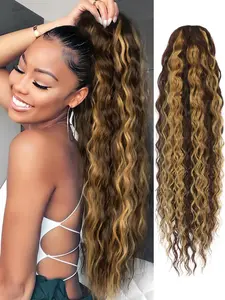24 Inch Ponytail Extension for Black Women Drawstring Ponytail Long Curly Wavy Ponytail Synthetic Clip in Ponytails Hair Extensions for Daily Use