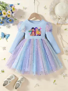 New Girl's Mesh Dress Spring Atmosphere Star Princess Bubble Sleeve Long Sleeve Casual Party Dress Gift for Daughter