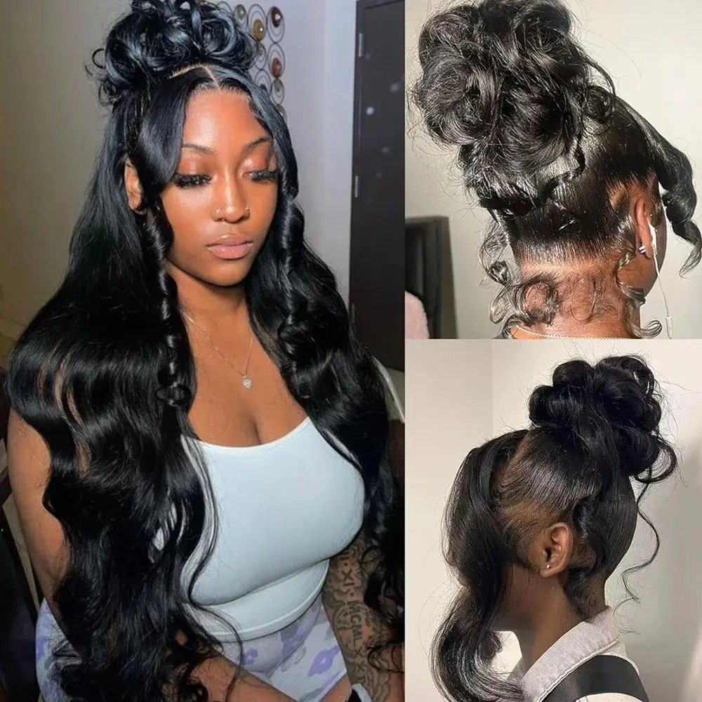 MYLOCKME 32 34 Inch Body Wave Wig 360 Full HD Lace Frontal Wigs Invisible Drawstring Preplucked Brazilian Straight 360 Lace Front Human Hair Wig 180Density