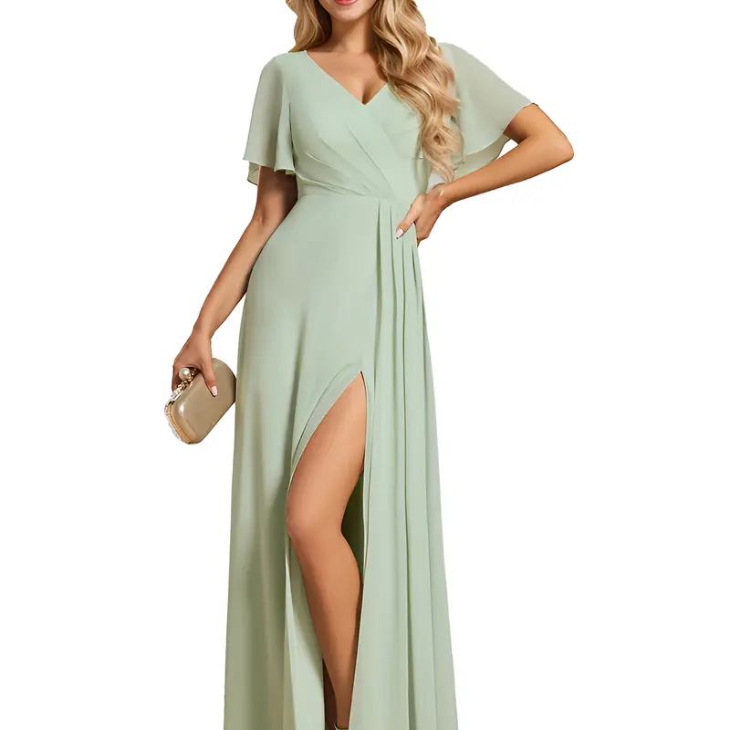 EVER PRETTY Women's Basic Elegant Fall Chiffon Bridesmaid Maxi Dress - V-Neck, Short Flutter Sleeves, Lightweight Fabric, Minimalist Style, Open Back, Formal Silhouette, Zipper, Digital Print, Wedding Guest Outfit S0050