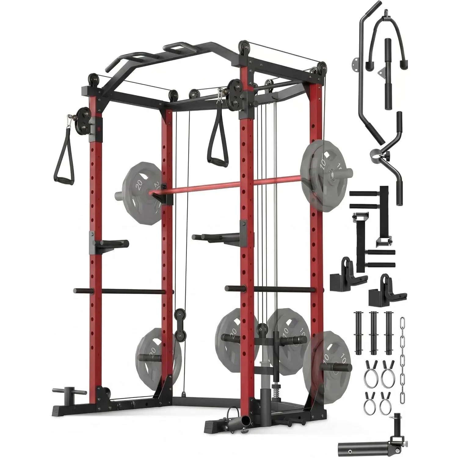 1600 LB Full-Function Home Gym Power Rack, Multi-Function Squat Rack with Cable Crossover Training System, Complete Strength Training Station, Including Pull-Up/Lat Pulldown Bar, J-Hooks, Dip Bars, and Landmine Attachment, Suitable for Home Fitness