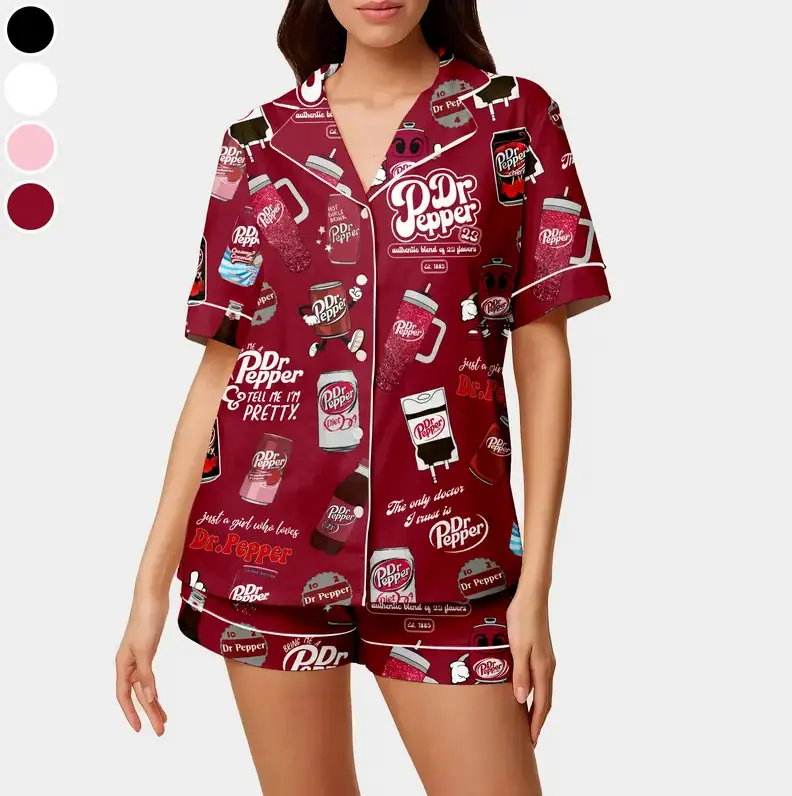 Dr Pepper Girlies Pajamas Set, Dr Pepper Drink Sleepwear, Dr Pepper Lover Silk Loungewear, Gift For Her
