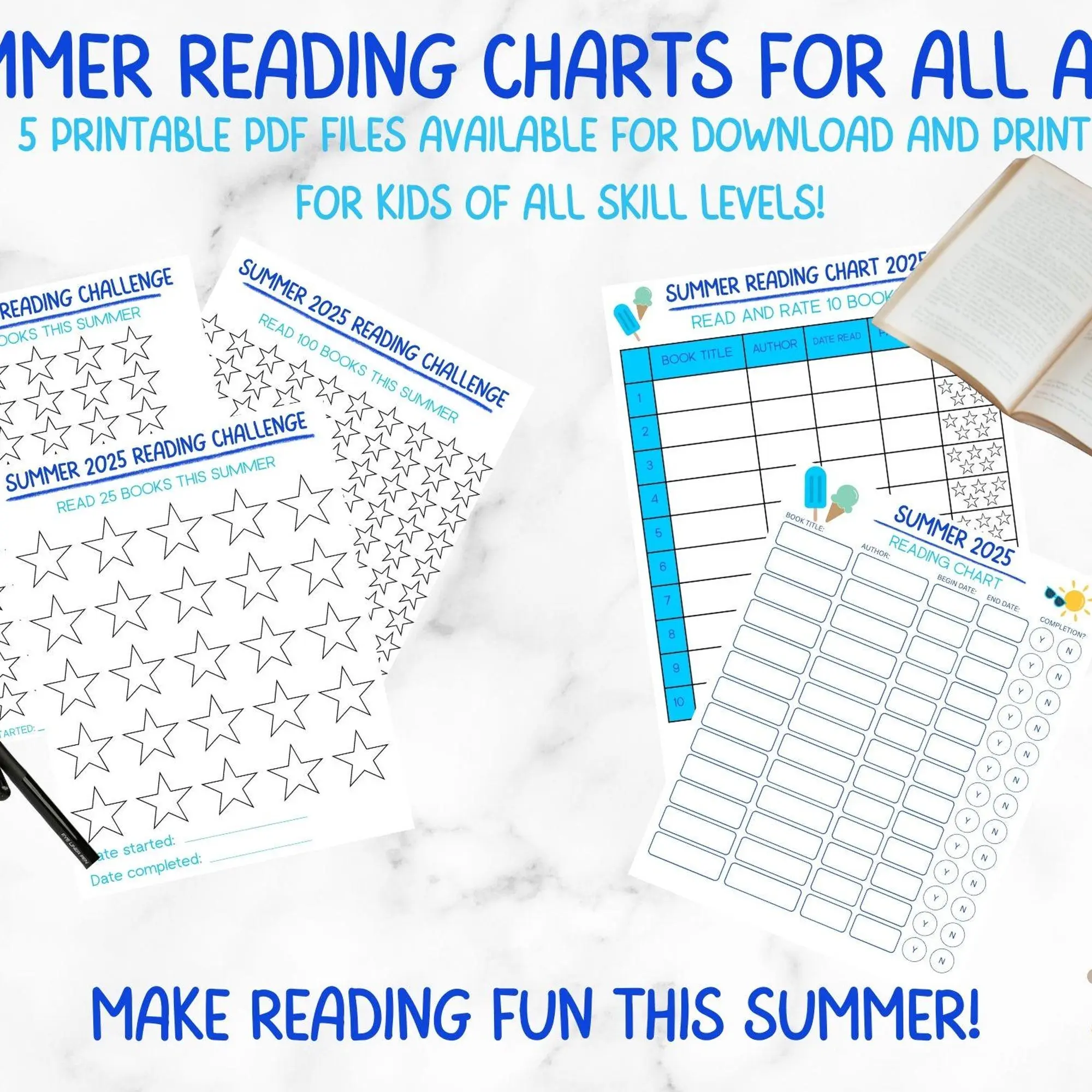 Summer Reading Charts for kids of all ages and skill levels 5 Downloadable & Printable PDF's helping make reading fun this Summer