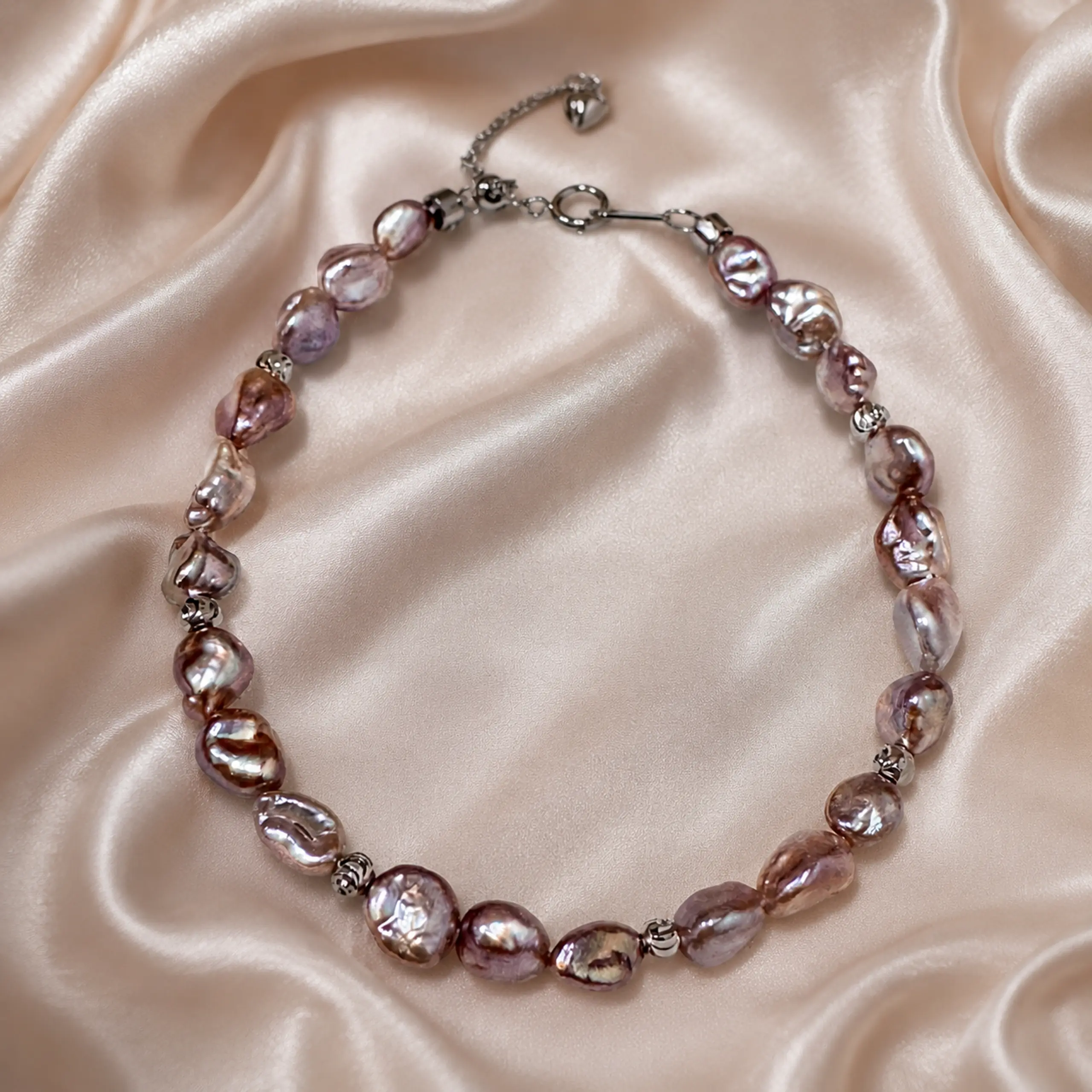 Keshi Pearl Bracelet 5-7mm Pink Purple Baroque Freshwater Pearls S925 Sterling Silver Chain with Carved Spacer Beads Adjustable Boho Elegant Fine Jewelry