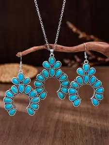 Vintage Western Turquoise Hoop Jewelry Set, Boho Ethnic Style Earrings and Necklace, Fashion Accessory for Women, Elegant Gift