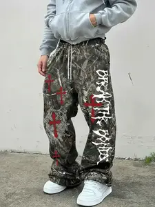 Men's Y2K All Over Camo Pants, Vintage Branch Print, Gothic High Street Loose Fit, Street Hip Hop Style, All Seasons Wear