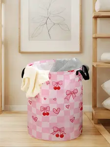 Heart Bowknot Printed Laundry Basket with Handle, Durable Foldable Home Storage Bin, Large Capacity Toy Organizer, Valentine's Day Gift