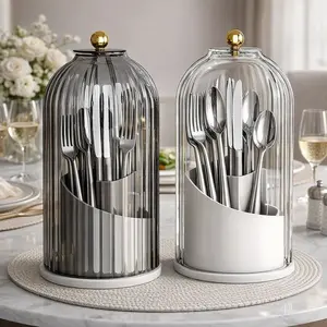 Utensil Holder with Lid 360 Rotating Clear Dustproof Cutlery Organizer for Kitchen Countertop Modern Tableware Storage Elegant Design
