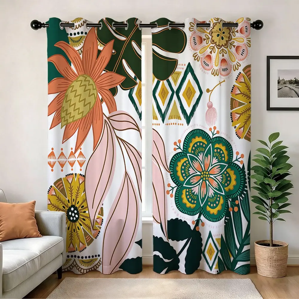 Colorful Floral Blackout Curtains, Boho Retro Groovy Hippie Funky Flowers Room Darkening, Modern Art Bedroom Living Room Decor Grommet Window Drapes 2 Panel