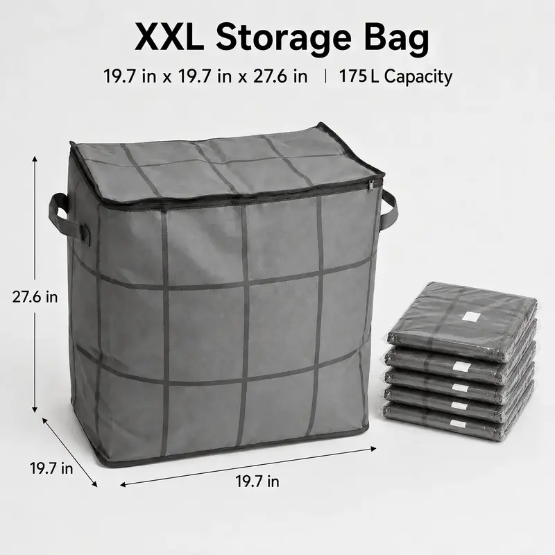 XXL Non-Woven Fabric Garment Organizer with Zippered Lid - Durable Functional Storage for Gym Bag, Bedroom Closet Organization, 70x50x50 cm Moving Box Alternative