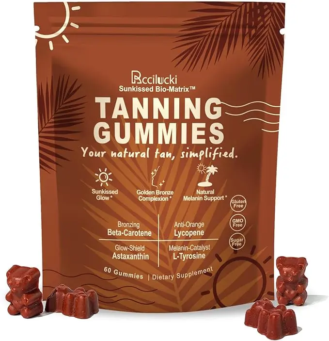 Tanning Gummies with 100.2mg L-Tyrosine and Astaxanthin, Tanning Supplement with Beta Carotene and Lycopene for Natural Golden Glow, Vegan and Sugar Free, Watermelon Flavor,60 Count, 1 Pack