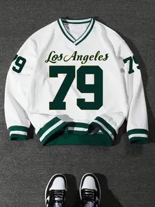 City Letter Print Vintage Sweatshirt, Unisex Colorblock Pullover Hoodie, Casual Loose Fit Winter Wear, Comfortable Retro Sportswear, Casual Streetwear Sweatshirt