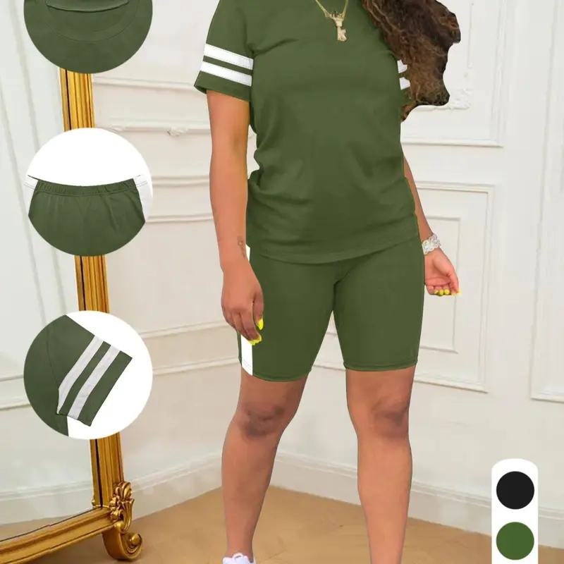 Two-piece Set Women's Colorblock Crewneck Short Sleeve Tee & Skinny Shorts, Casual Round Neck Top & Shorts for Daily Wear, Ladies Summer Clothes, Summer Sport Set