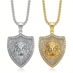 Luxury Hip Hop Stainless Steel Synthetic Zircon Shield Lion Head Pendant Men's Necklace, Daily, Party, Gift for Him Exquisite Chain Jewelry Necklinphalt Fashionable Jewelry