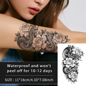 American Dark Floral Snake Temporary Tattoo Patch, Waterproof Long-Lasting 7-15 Days, Semi-Permanent Herbal Tattoo, Non-Glare Fake Tattoo for Men and Women
