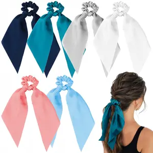 6 PCS Hair Scarf Scrunchies Knotted Bow Hair Ties Satin Hair Ribbon Scrunchy Elastic Hair Bands Silk Bowknot Ponytail Holder Hair Accessories for Women Girls (White, Grey, Green, Blue, Pink)
