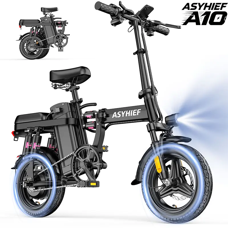 ASYHIEF A10 Portable Folding Electric Bike - 14-Inch Wheels, 1500W Peak Power, 48V 10AH Detachable Battery, 25MPH Max Speed, 15-35Miles Range, 11-Level Full Suspension, Dual Hydraulic Disc Brakes, IPX65 Waterproof, 8-Second Fast Fold Storage